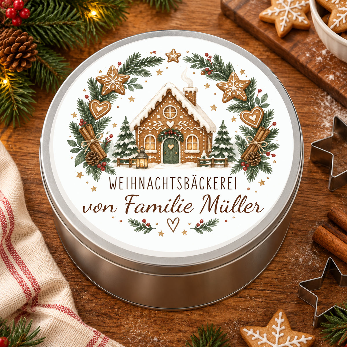 Keksdose mit Motiv Plätzchenkranz in einer weihnachtlichen Backszene mit Gebäck.