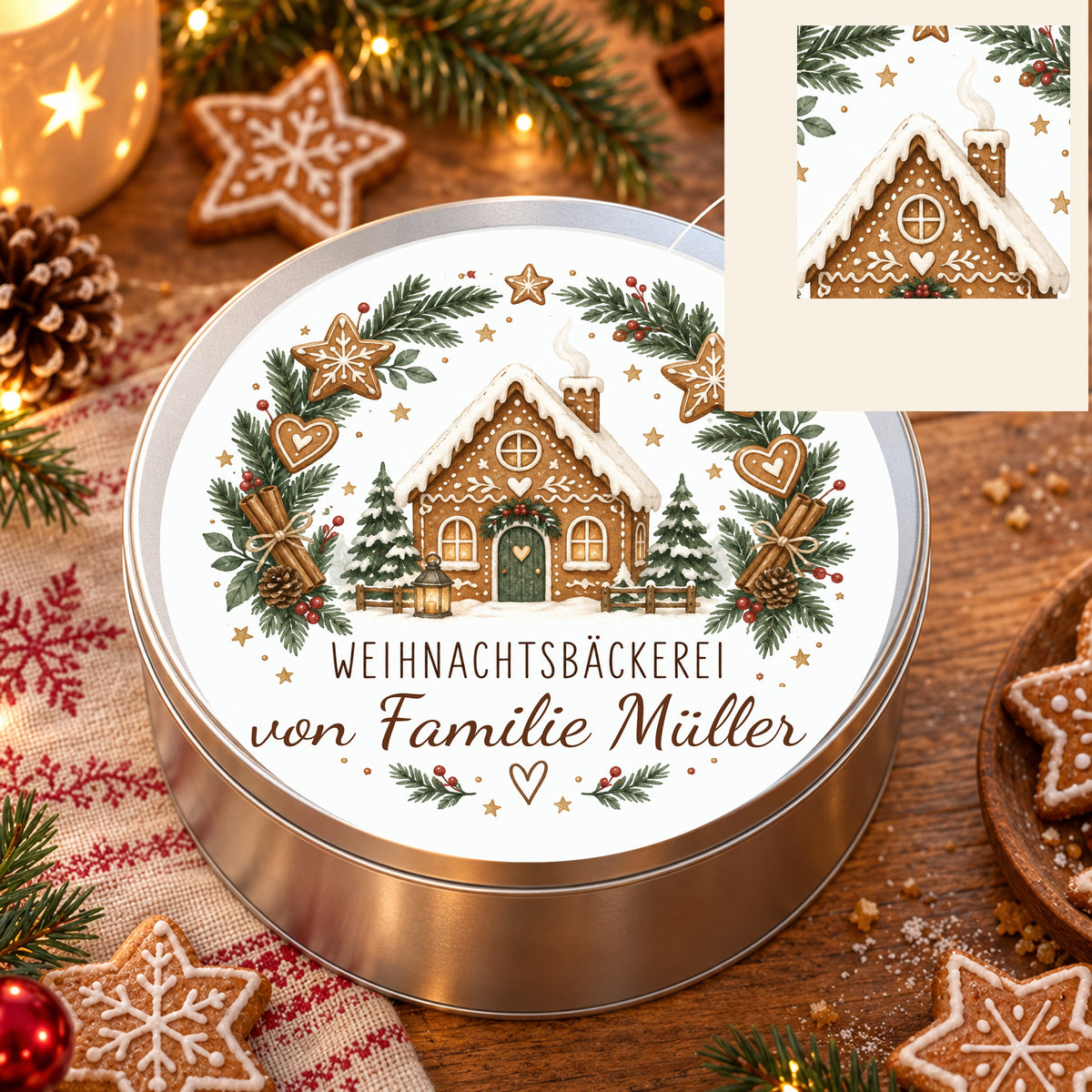 Keksdose Plätzchenkranz in weihnachtlicher Umgebung mit vergrößertem Ausschnitt des Druckmotivs.