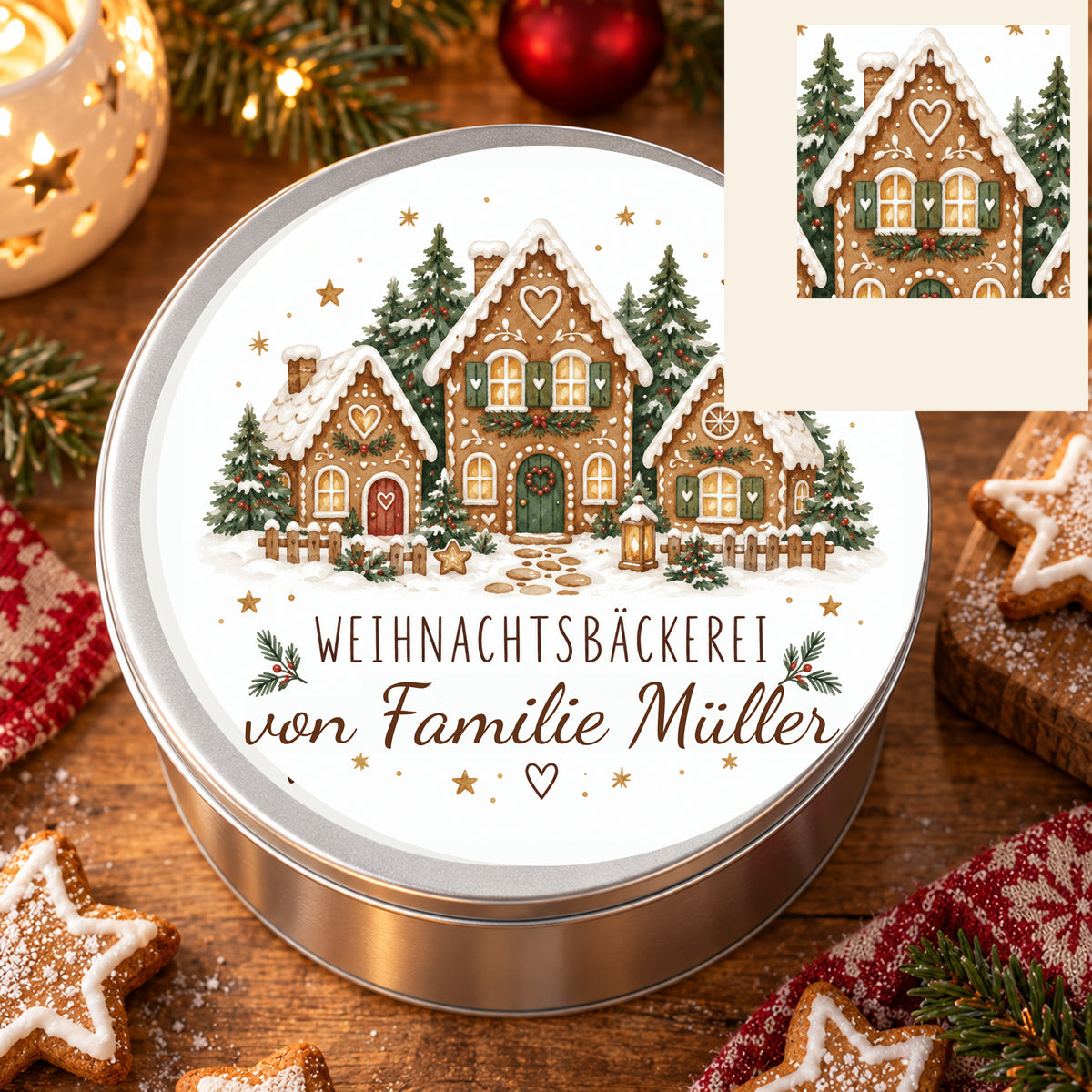Keksdose Lebkuchendorf in weihnachtlicher Umgebung mit vergrößertem Ausschnitt des Druckmotivs.