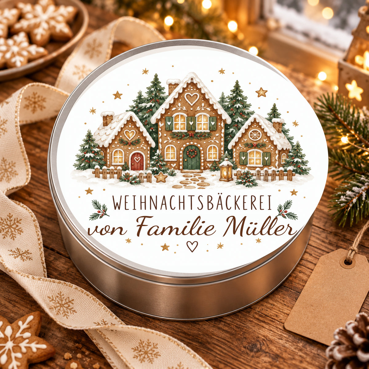 Personalisierte Keksdose Lebkuchendorf als weihnachtliche Geschenkidee mit Gebäck und Dekoration.