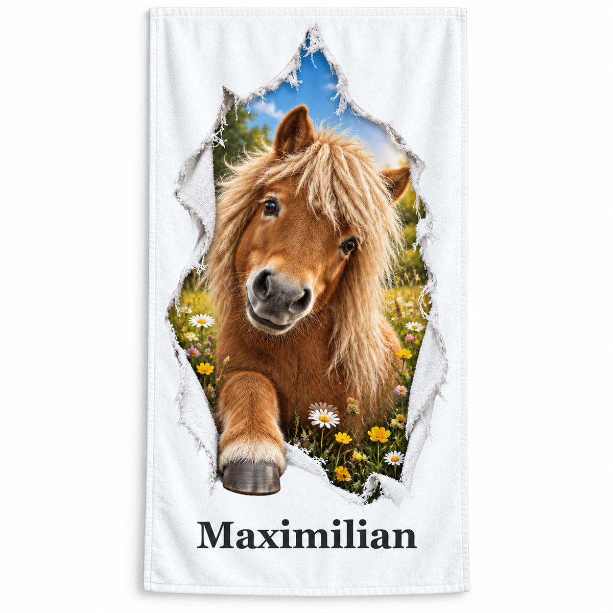 Weißes Pferde-Handtuch mit Shetlandpony, gedrucktem Stoffriss und Wunschname