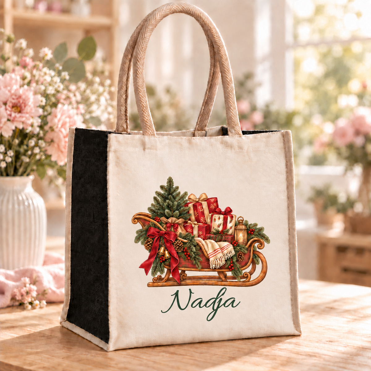 Personalisierte Weihnachtstasche mit Geschenkschlitten-Motiv auf einem Holztisch im Blumenatelier