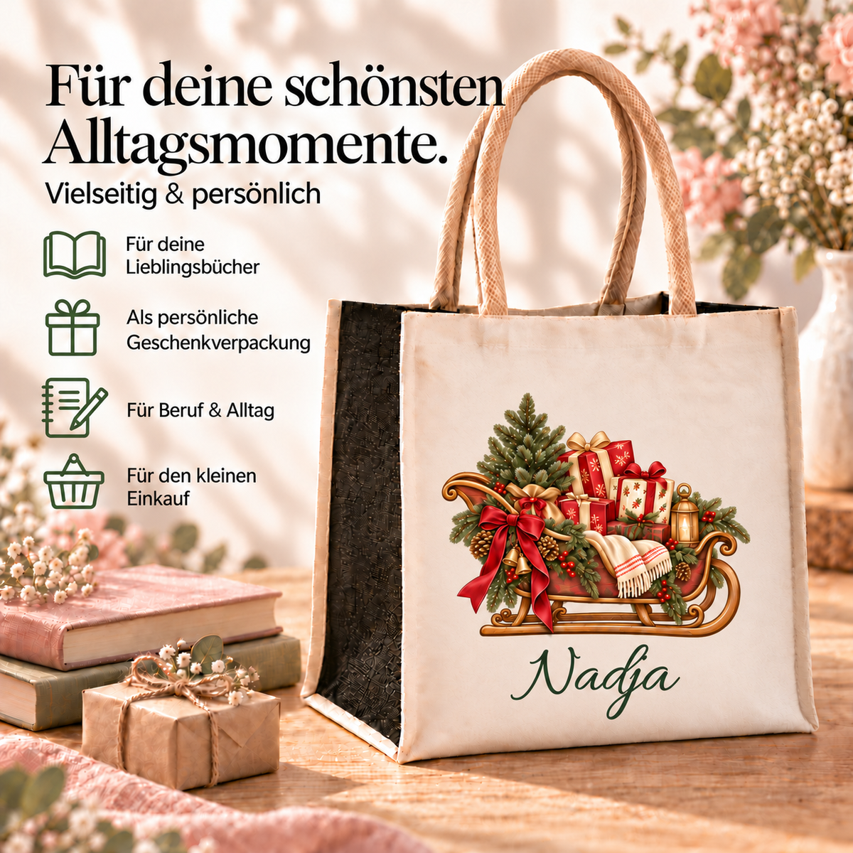 Personalisierte Einkaufstasche mit Geschenkschlitten-Motiv und Beispielen für Bücher, Geschenkverpackung, Beruf und Einkauf