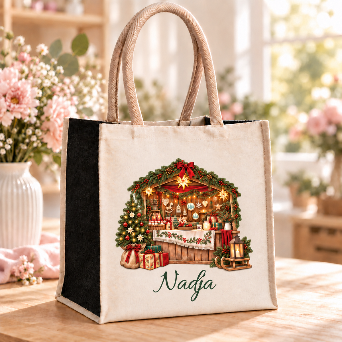 Personalisierte Weihnachtstasche mit Weihnachtsmarkt-Motiv auf einem Holztisch im Blumenatelier