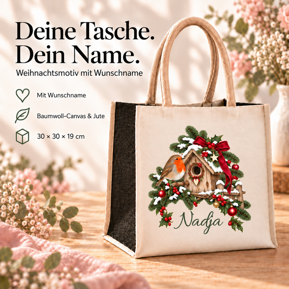 Weihnachtstasche mit Rotkehlchen-Motiv neben Angaben zu Wunschname, Baumwoll-Canvas, Jute und Taschenmaßen