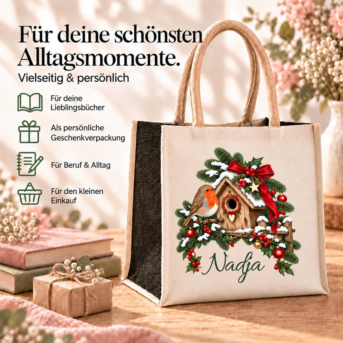 Personalisierte Einkaufstasche mit Rotkehlchen-Motiv und Beispielen für Bücher, Geschenkverpackung, Beruf und Einkauf
