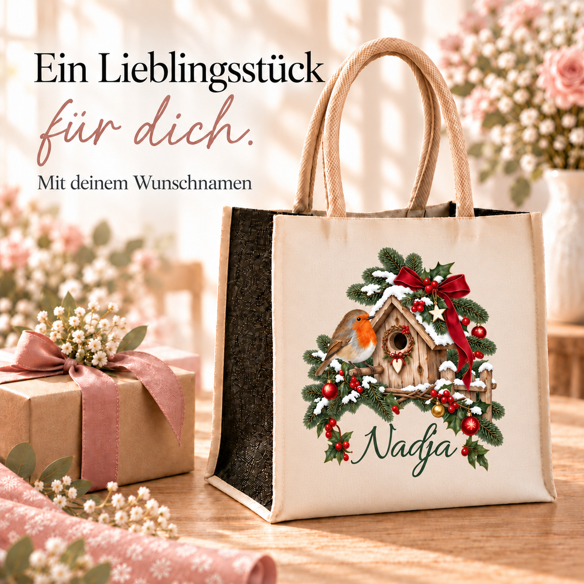 Personalisierte Weihnachtstasche mit Rotkehlchen-Motiv neben weihnachtlich verpacktem Geschenk