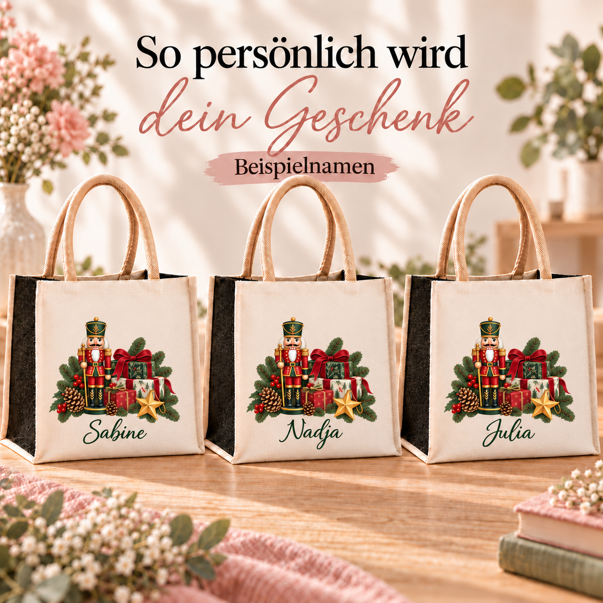 Drei Weihnachtstaschen mit identischem Nussknacker-Motiv und verschiedenen Beispielnamen zur Personalisierung