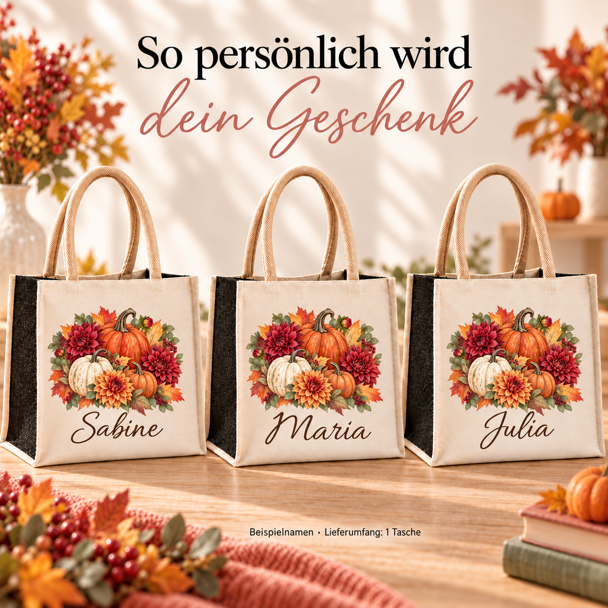 Mehrere Taschen mit Kürbis und Dahlien und unterschiedlichen Wunschnamen