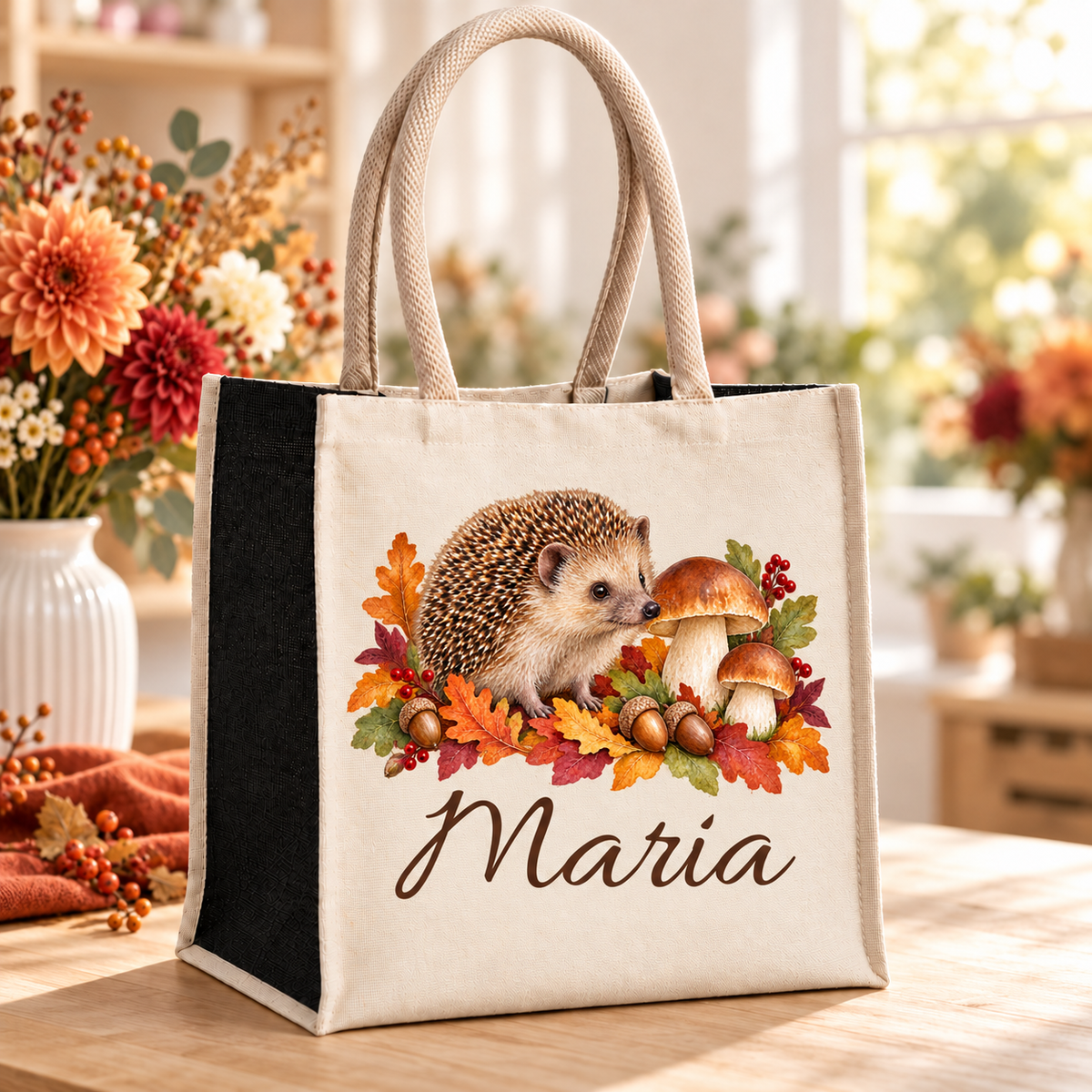 Baumwoll-Jute-Tasche mit Igel und Pilzen und Wunschname im Blumenatelier