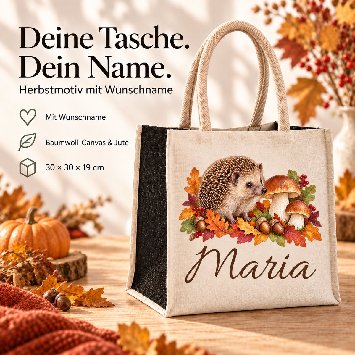 Personalisierte Tasche mit Igel und Pilzen, Größen- und Materialangaben