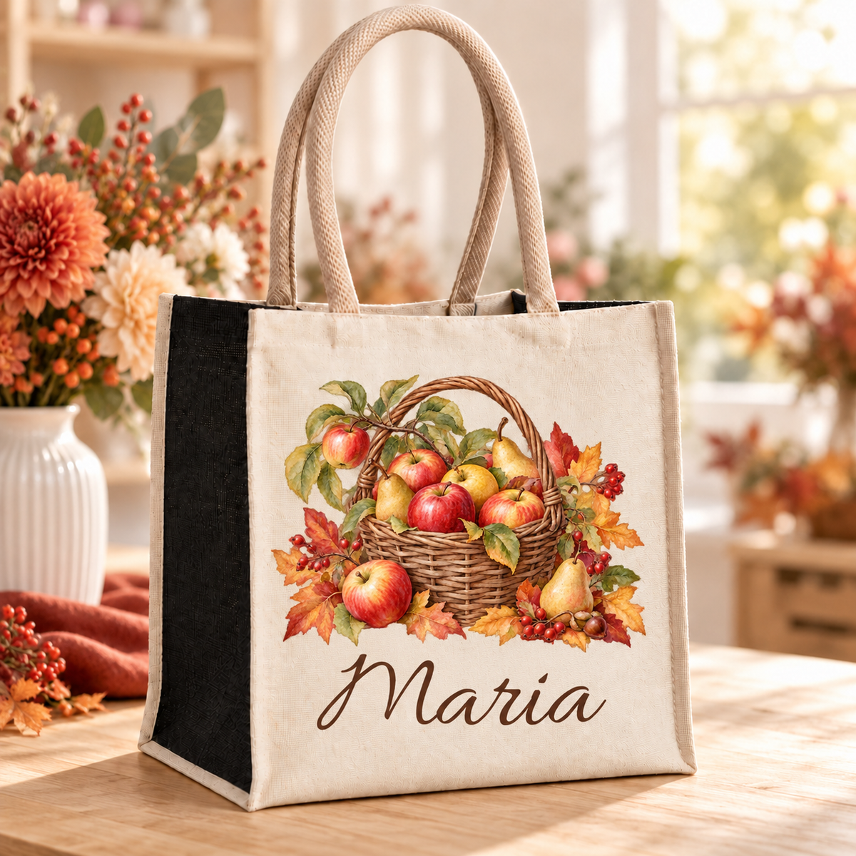 Baumwoll-Jute-Tasche mit Apfelkorb und Wunschname im Blumenatelier