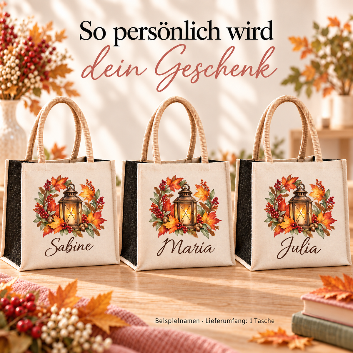Mehrere Taschen mit Laterne im Herbstkranz und unterschiedlichen Wunschnamen