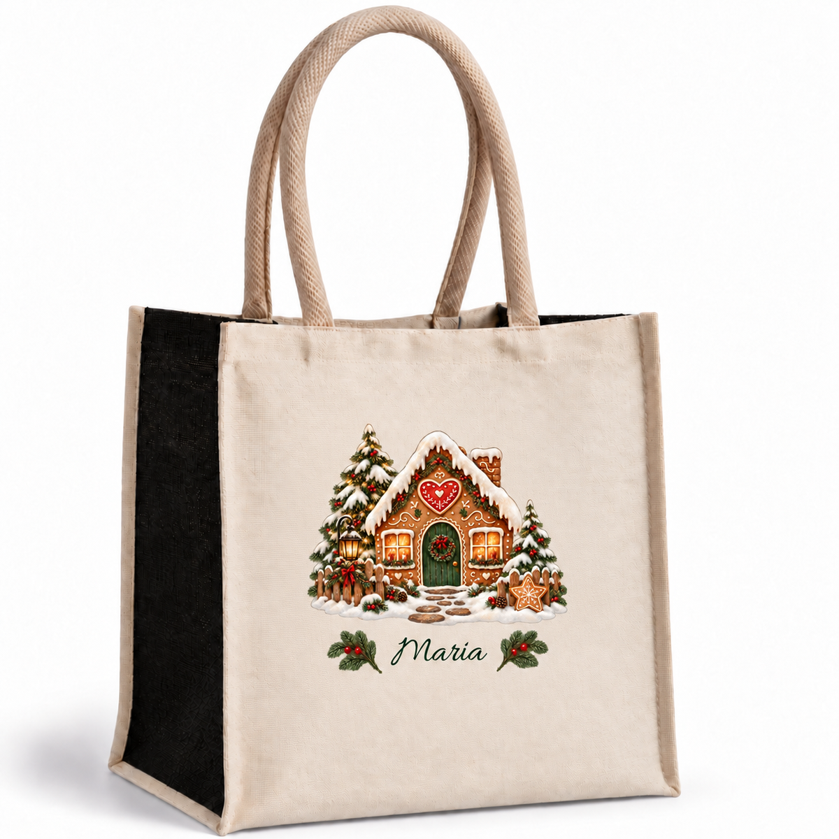 Weihnachtstasche mit Namen – Lebkuchenhaus Herzhäuschen – Produktansicht 1