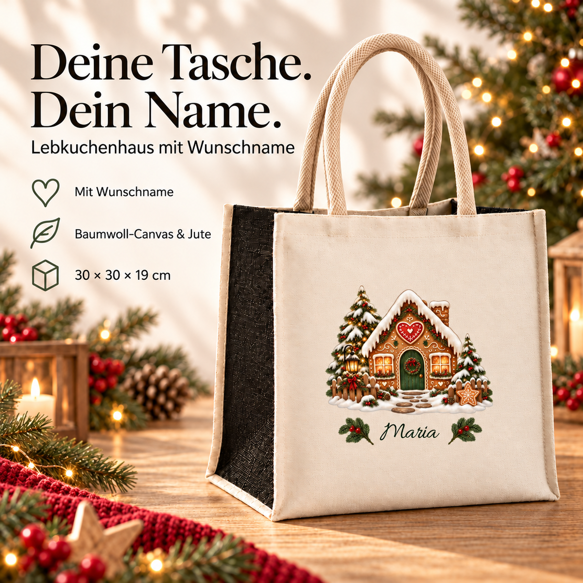 Weihnachtstasche mit Namen – Lebkuchenhaus Herzhäuschen – Produktansicht 4