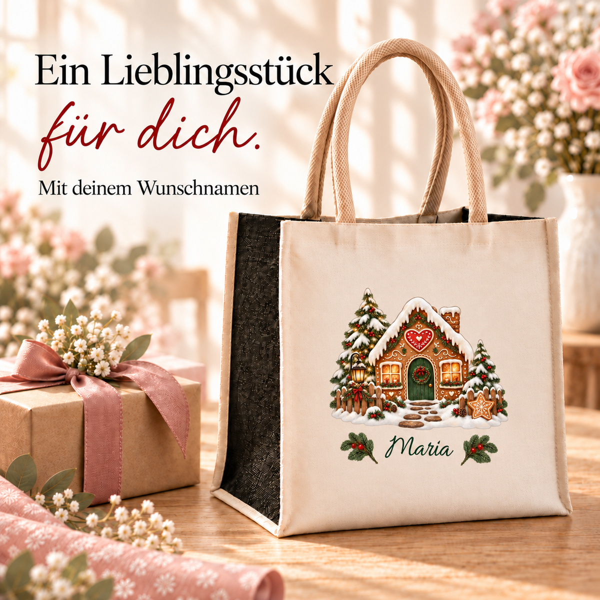 Weihnachtstasche mit Namen – Lebkuchenhaus Herzhäuschen – Produktansicht 7