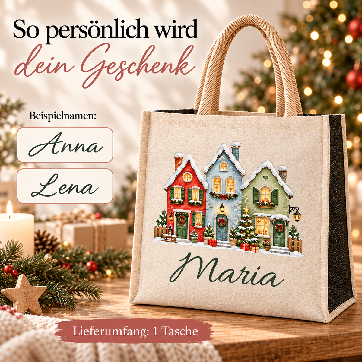 Tasche mit Motiv „Bunte Weihnachtshäuserzeile“ und Wunschname; daneben Schriftbeispiele für die Personalisierung.