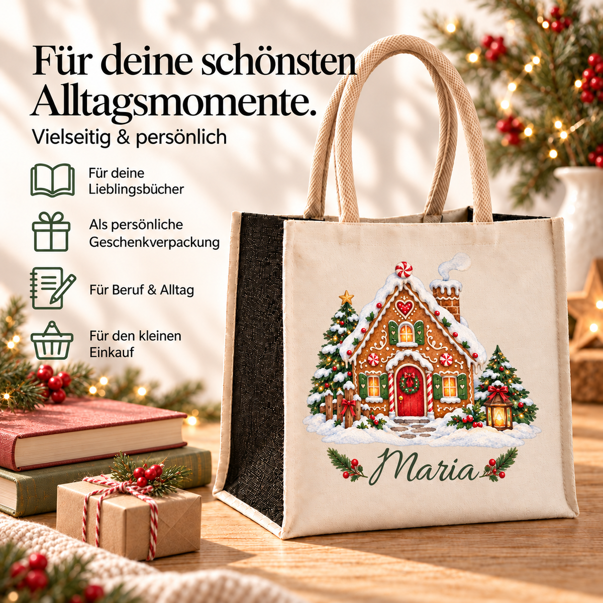 Tasche mit Motiv „Lebkuchenhäuschen“ und Ideen für Bücher, Geschenkverpackung, Alltag und kleine Einkäufe.