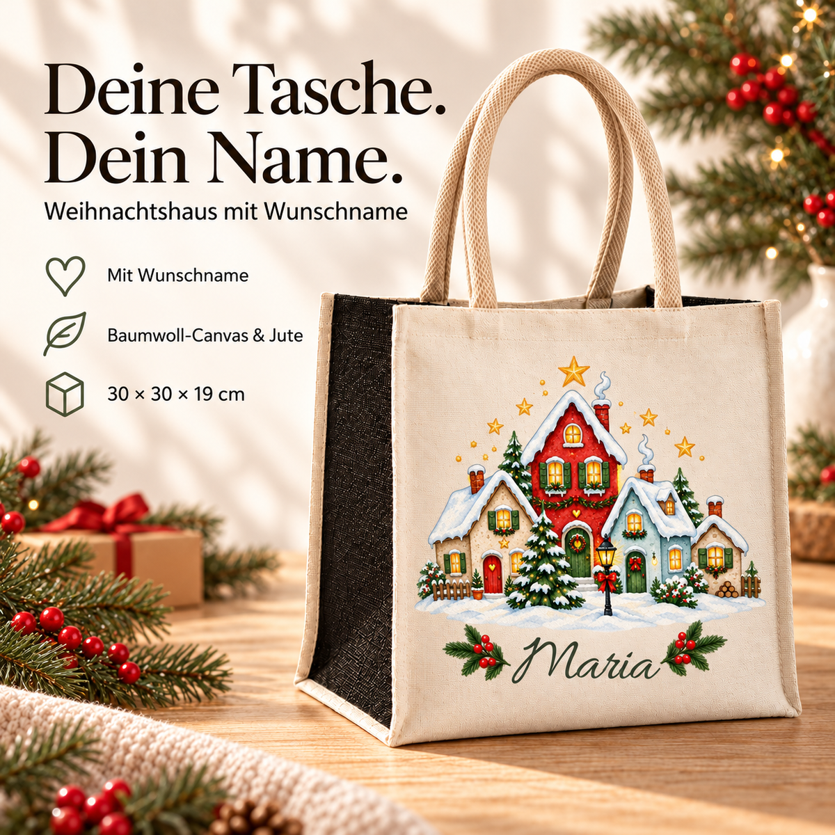 Produktübersicht zur Tasche mit Motiv „Kleines Weihnachtsdorf“: Wunschname, Baumwoll-Canvas und Jute sowie Maße.