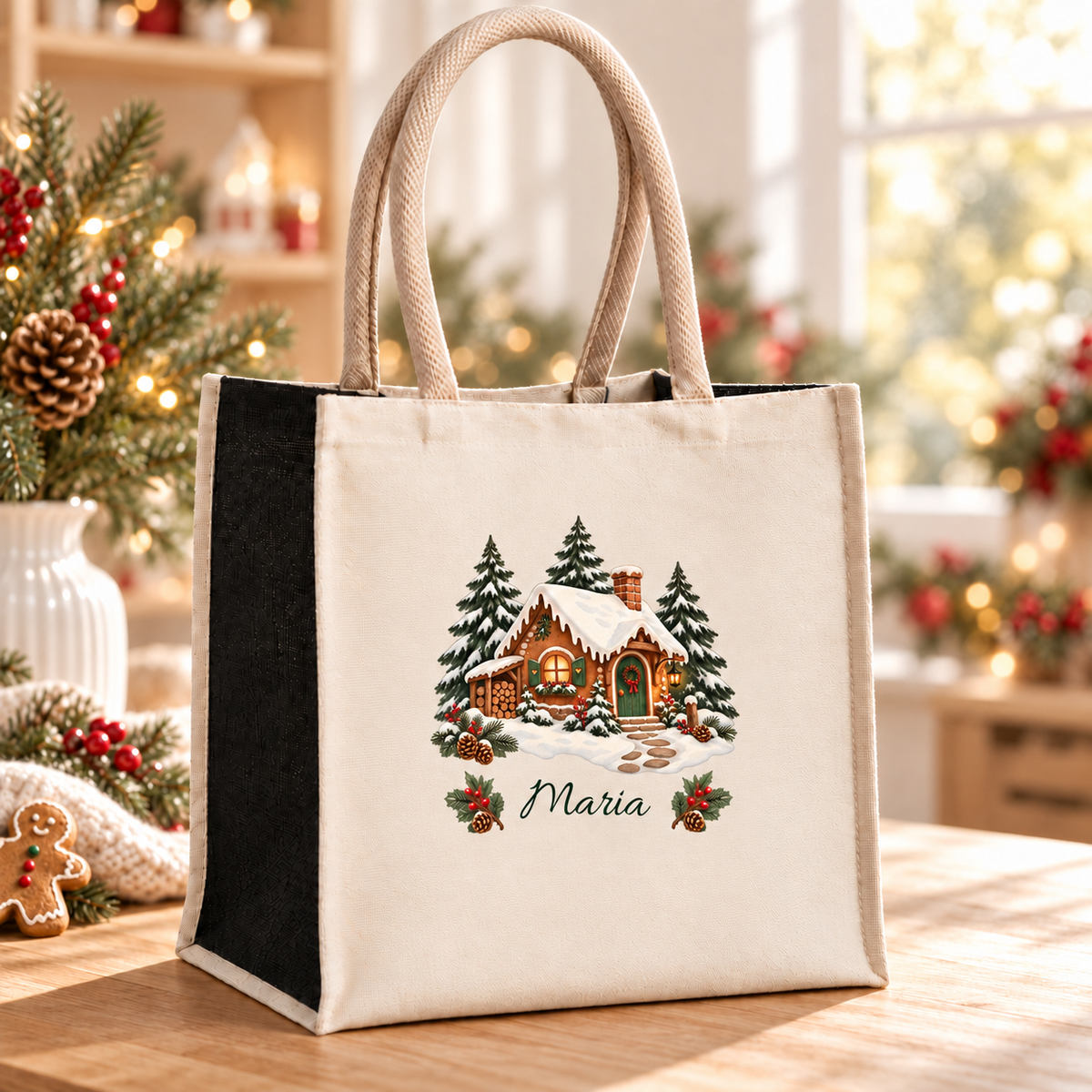 Weihnachtstasche mit Namen – Lebkuchenhaus Waldhäuschen – Produktansicht 2
