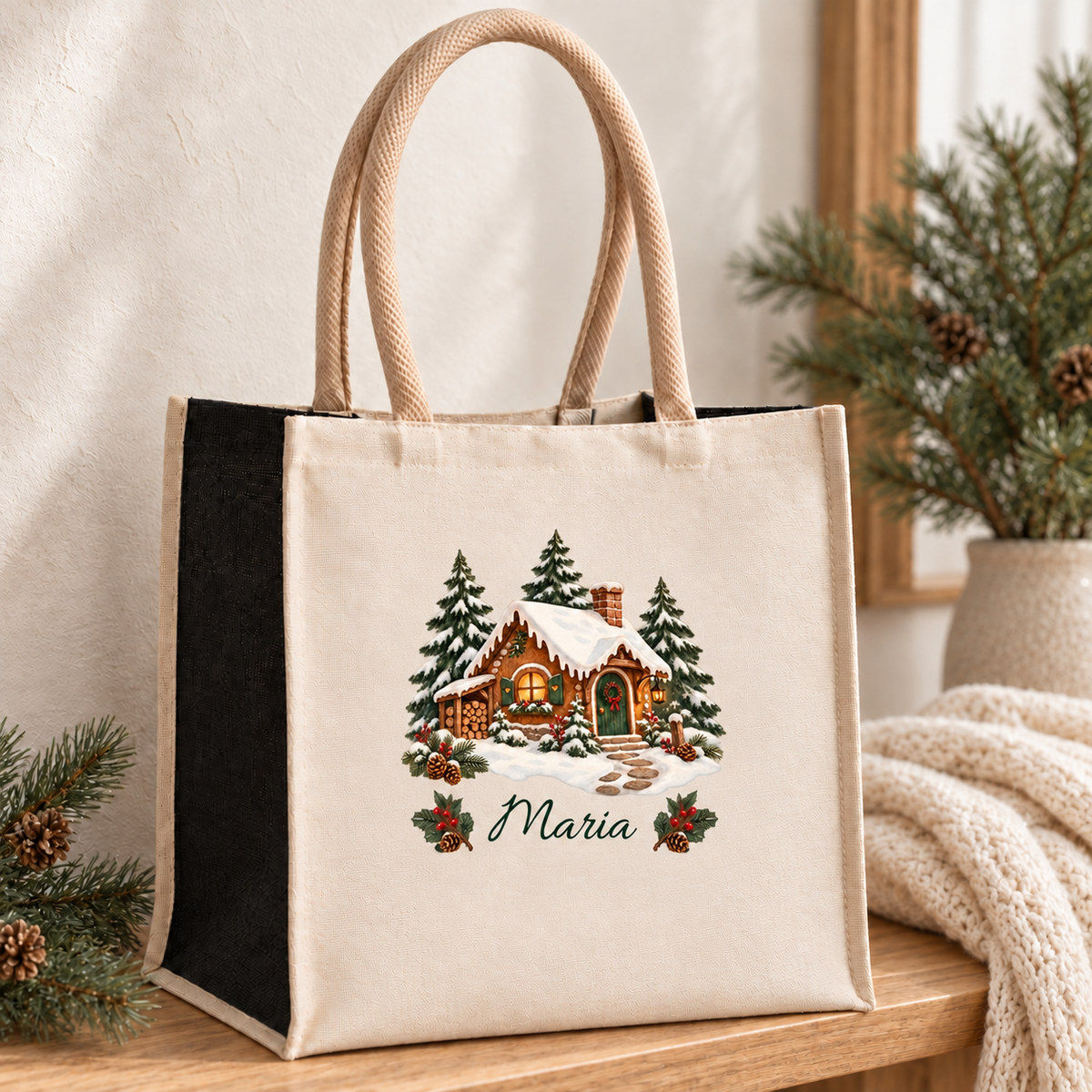 Weihnachtstasche mit Namen – Lebkuchenhaus Waldhäuschen – Produktansicht 3