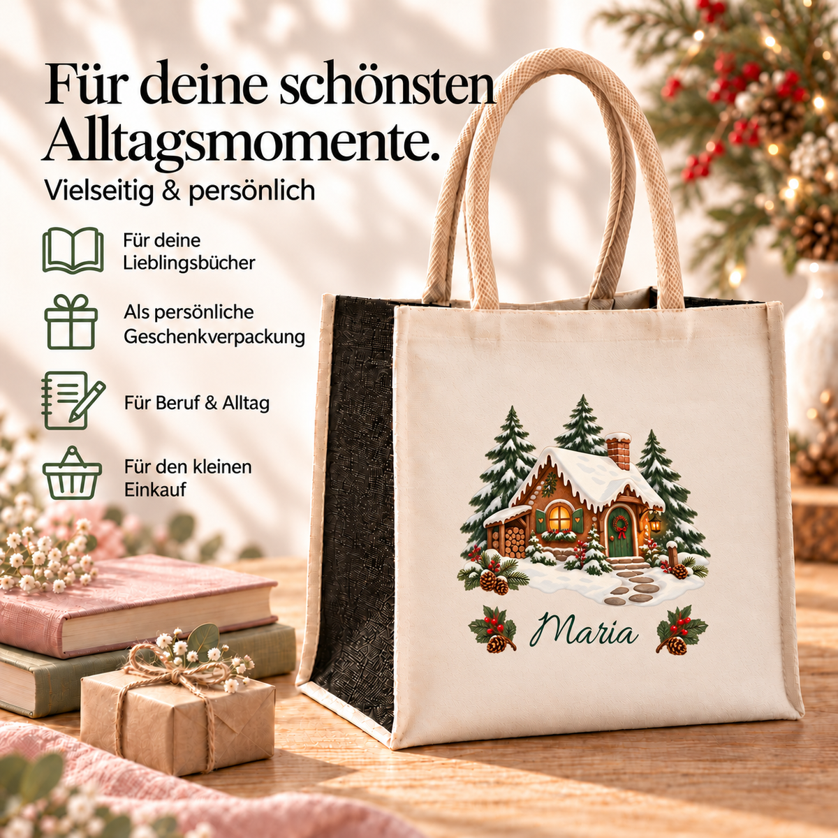 Weihnachtstasche mit Namen – Lebkuchenhaus Waldhäuschen – Produktansicht 5