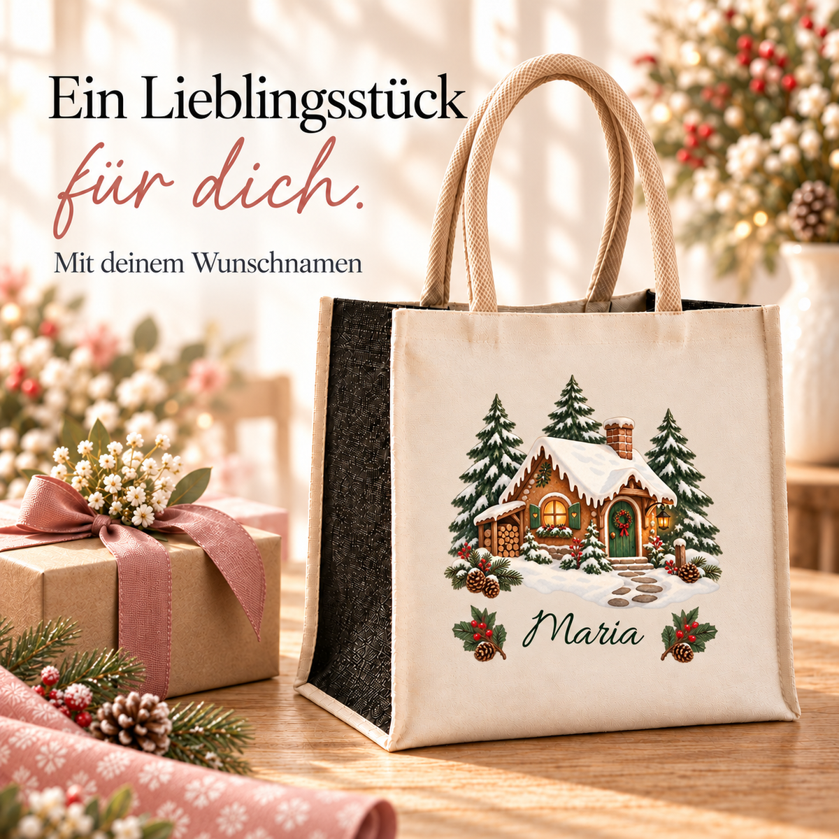 Weihnachtstasche mit Namen – Lebkuchenhaus Waldhäuschen – Produktansicht 7