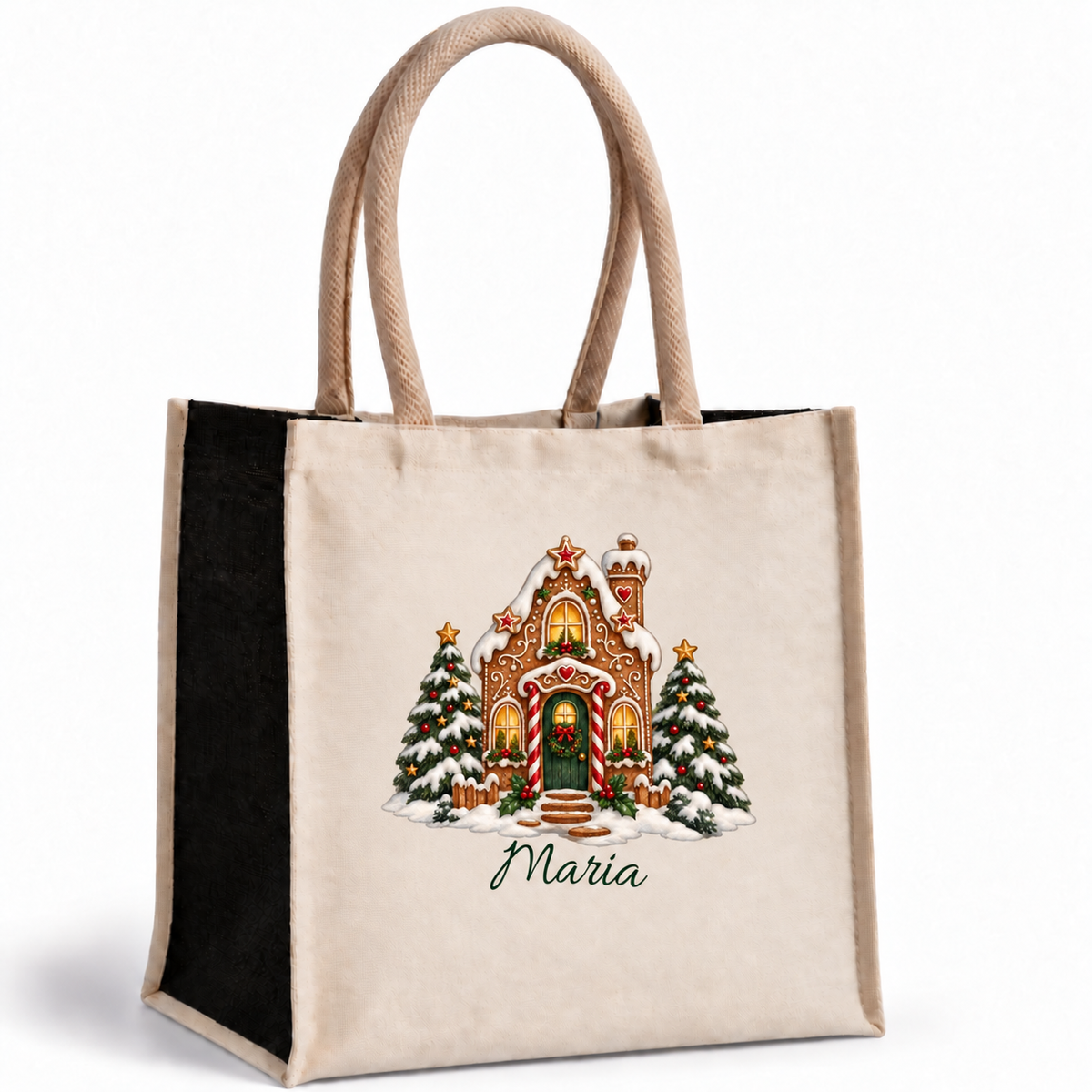 Weihnachtstasche mit Namen – Lebkuchenhaus Zuckerstangenhaus – Produktansicht 1
