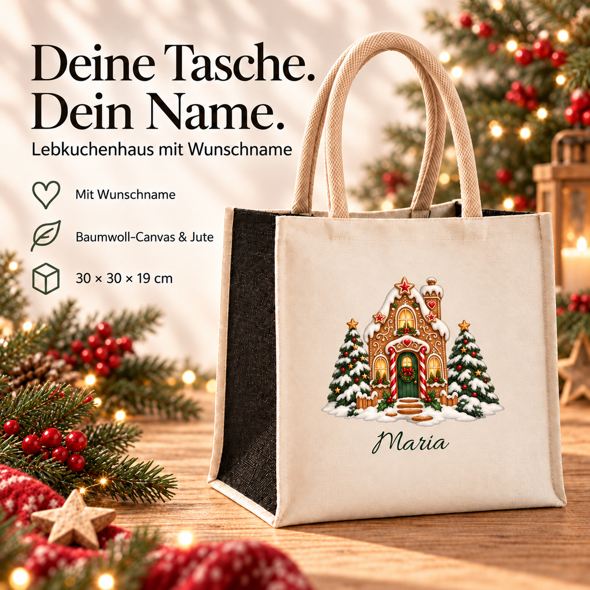 Weihnachtstasche mit Namen – Lebkuchenhaus Zuckerstangenhaus – Produktansicht 4