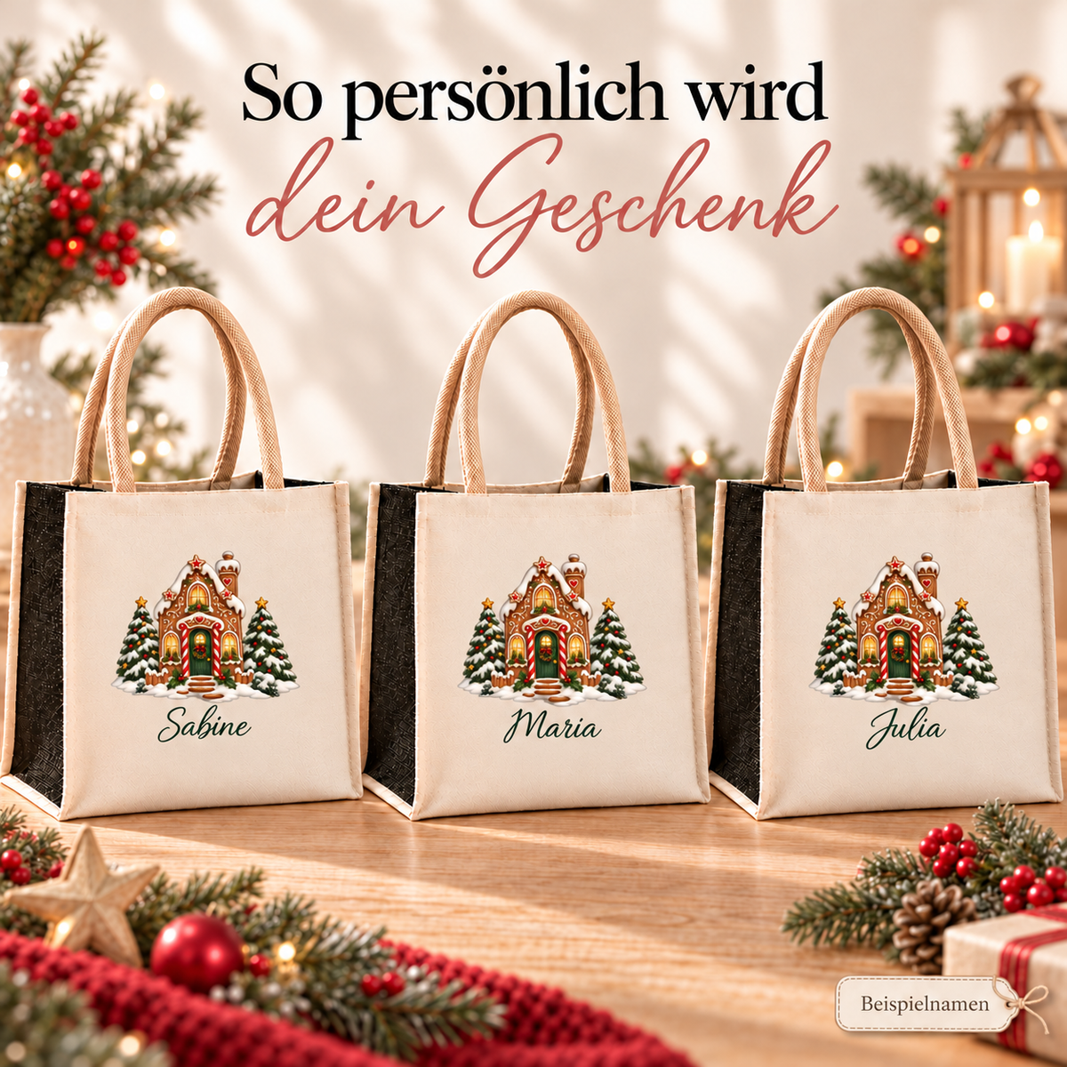 Weihnachtstasche mit Namen – Lebkuchenhaus Zuckerstangenhaus – Produktansicht 6