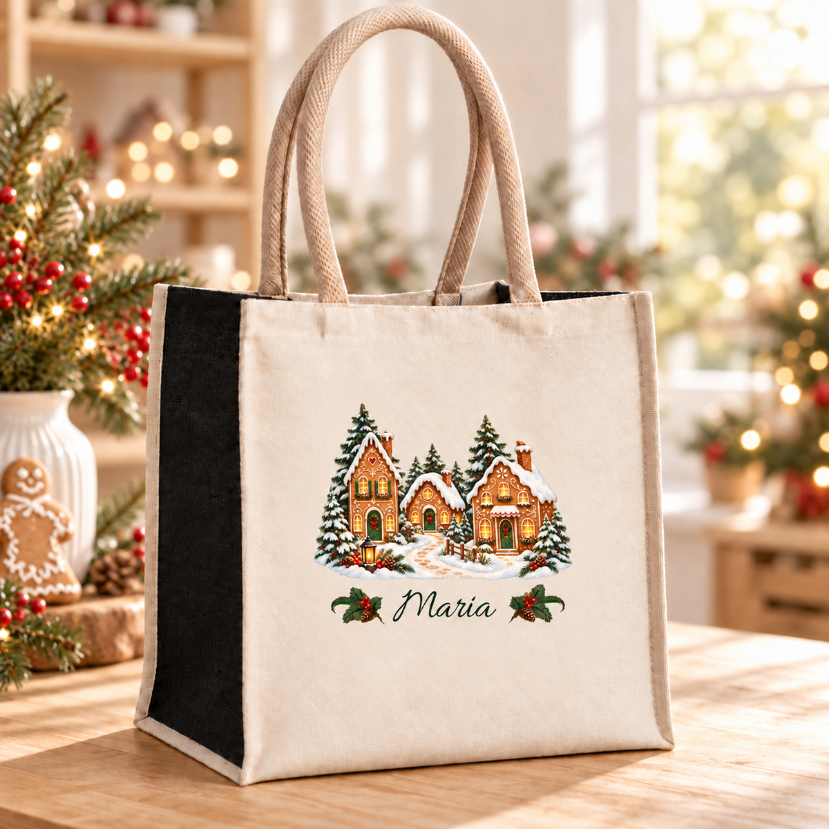 Weihnachtstasche mit Namen – Lebkuchen-Winterdorf – Produktansicht 2