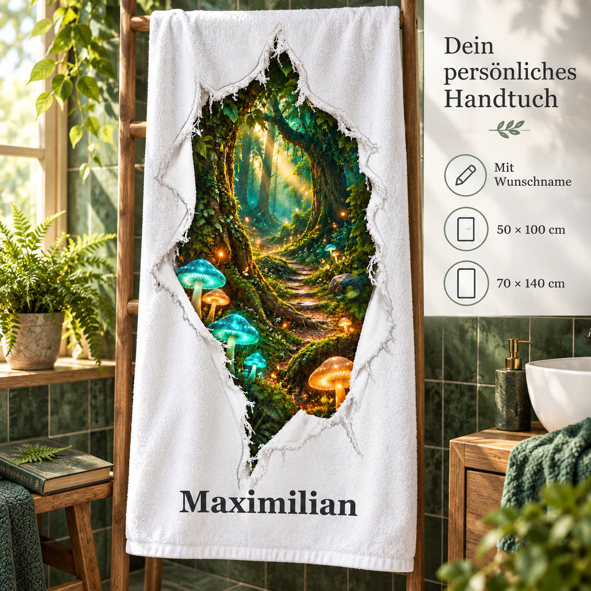 Handtuch mit Zauberwald-Motiv, Wunschname und Angaben zu den beiden wählbaren Größen.