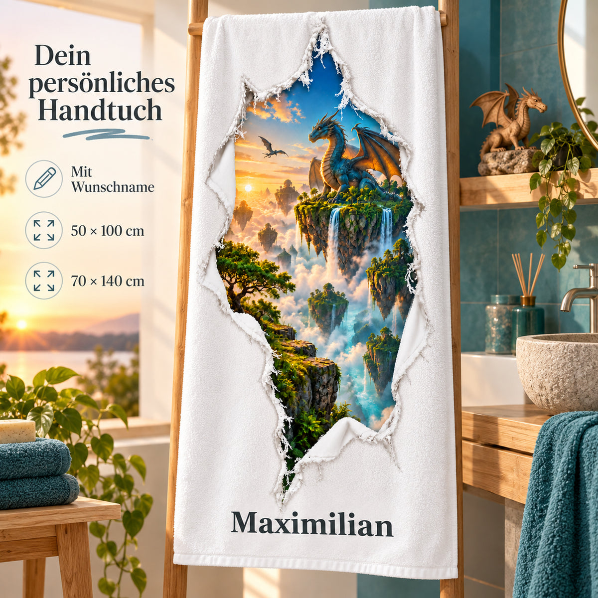 Handtuch mit Dracheninsel-Motiv, Wunschname und Angaben zu den beiden wählbaren Größen.