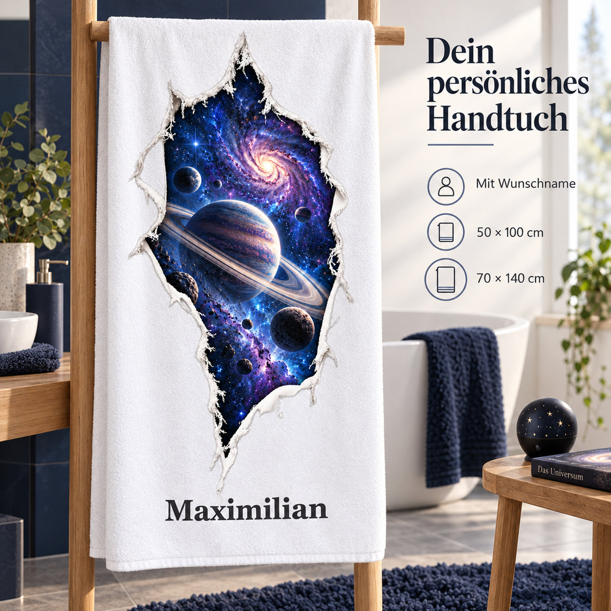 Handtuch mit Galaxie-Motiv, Wunschname und Angaben zu den beiden wählbaren Größen.