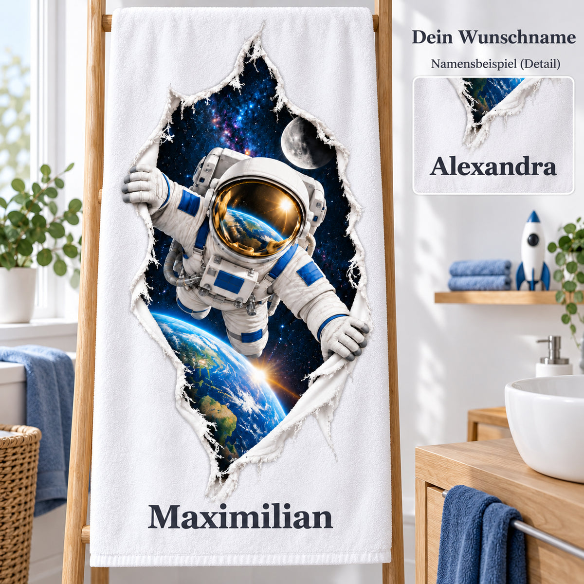 Handtuch mit Astronaut-Aufdruck und vergrößertem Namensdetail zur Personalisierung.