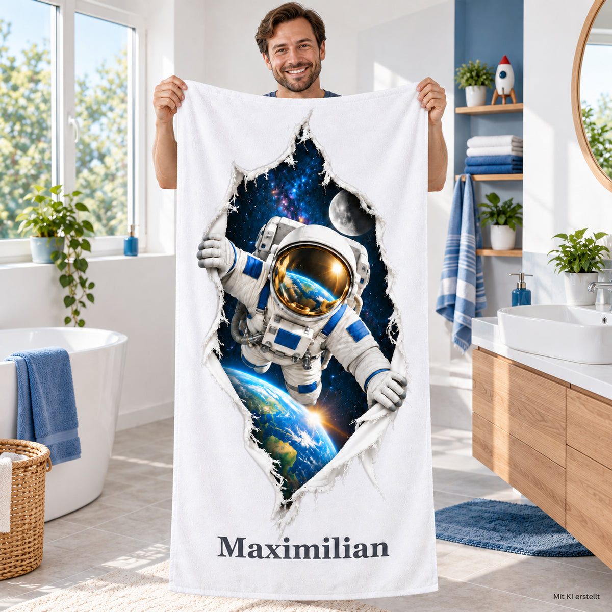 Person hält ein weißes Handtuch mit Astronaut-Motiv und Wunschname im Badezimmer.