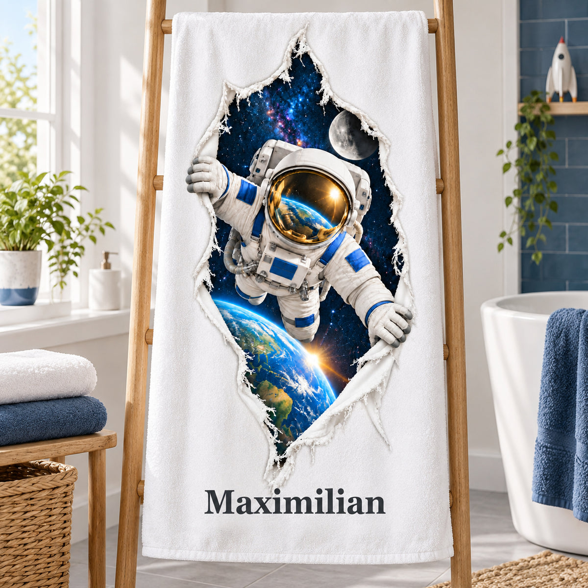 Handtuch mit Astronaut-Motiv und Wunschname auf einem Halter im Badezimmer mit blauen Akzenten.