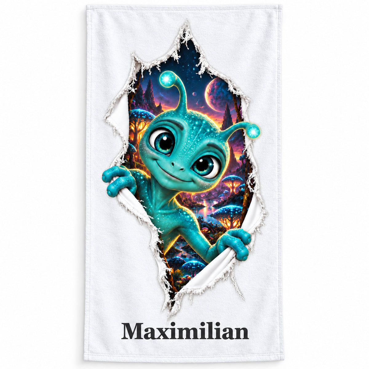 Weißes Handtuch mit Freundlicher Alien-Motiv als gedruckte Riss-Illusion und Wunschname unter der Szene.