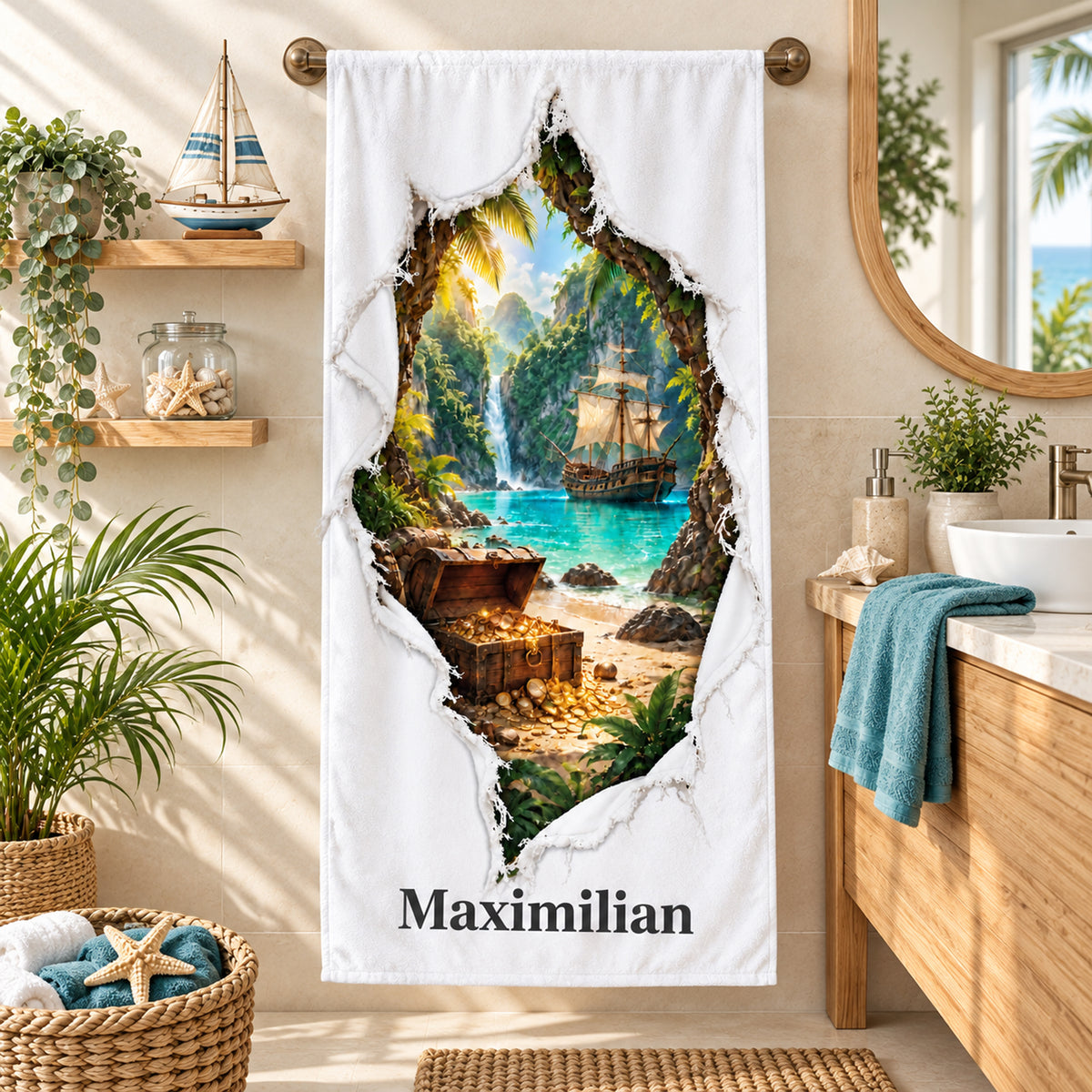 Handtuch mit Piratenbucht-Motiv und Wunschname im Badezimmer mit maritimen Akzenten und Holz.