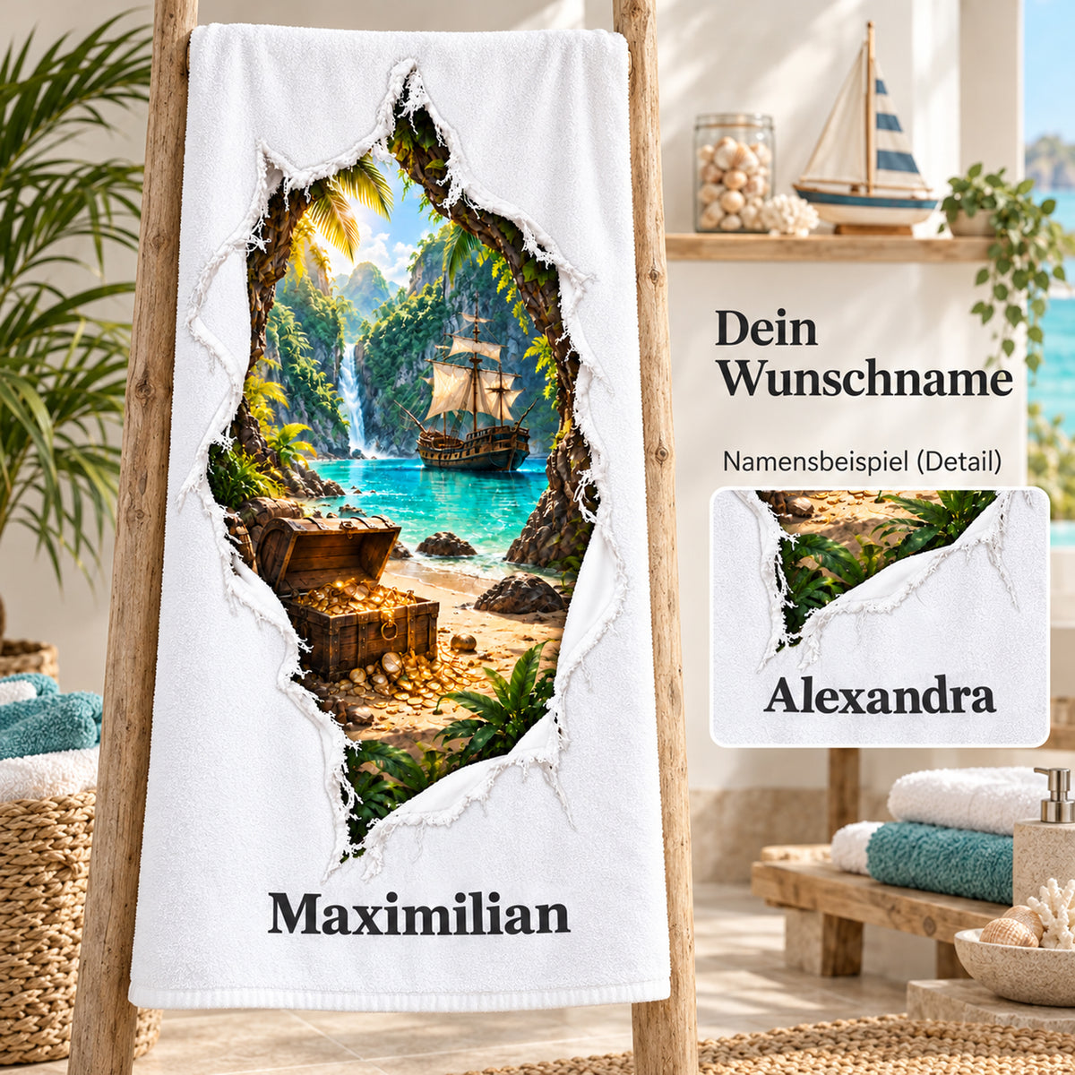 Handtuch mit Piratenbucht-Aufdruck und vergrößertem Namensdetail zur Personalisierung.