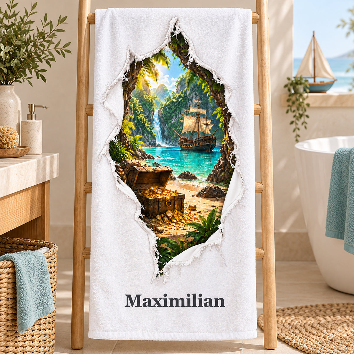 Handtuch mit Piratenbucht-Motiv und Wunschname auf einem Halter im Badezimmer mit maritimen Akzenten und Holz.