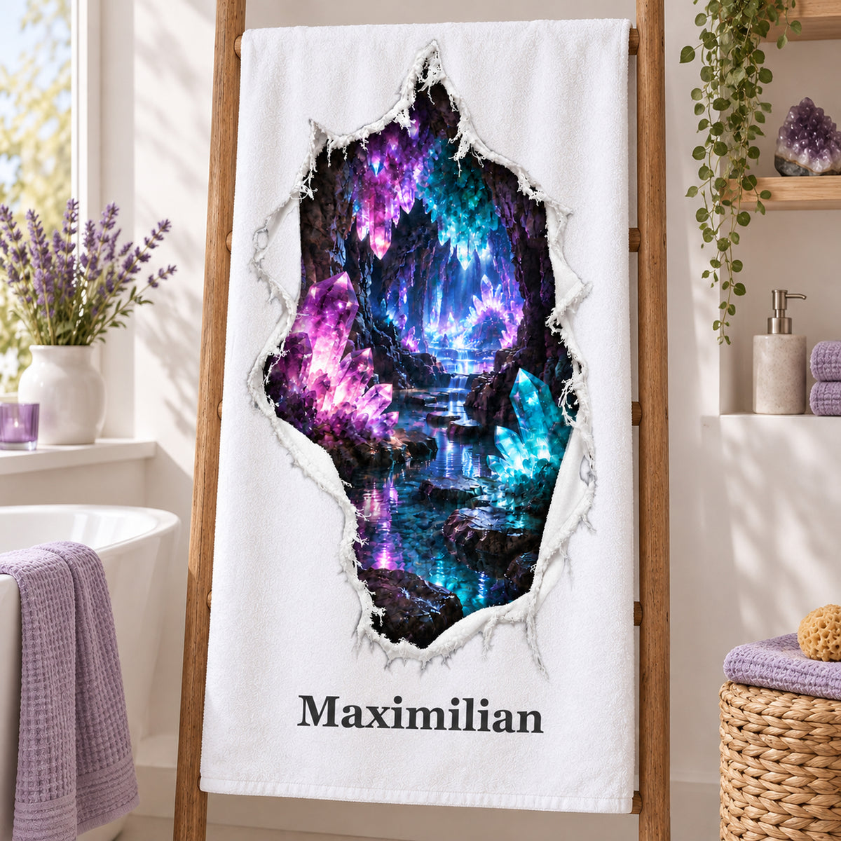 Handtuch mit Kristallhöhle-Motiv und Wunschname auf einem Halter im Badezimmer mit violetten Akzenten.