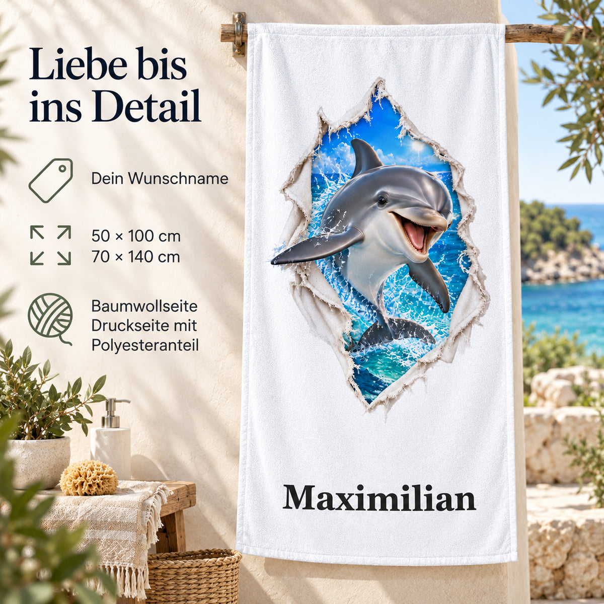 Handtuch mit einem Delfin: Produktdetails zu Wunschname, beiden Größen und Material.