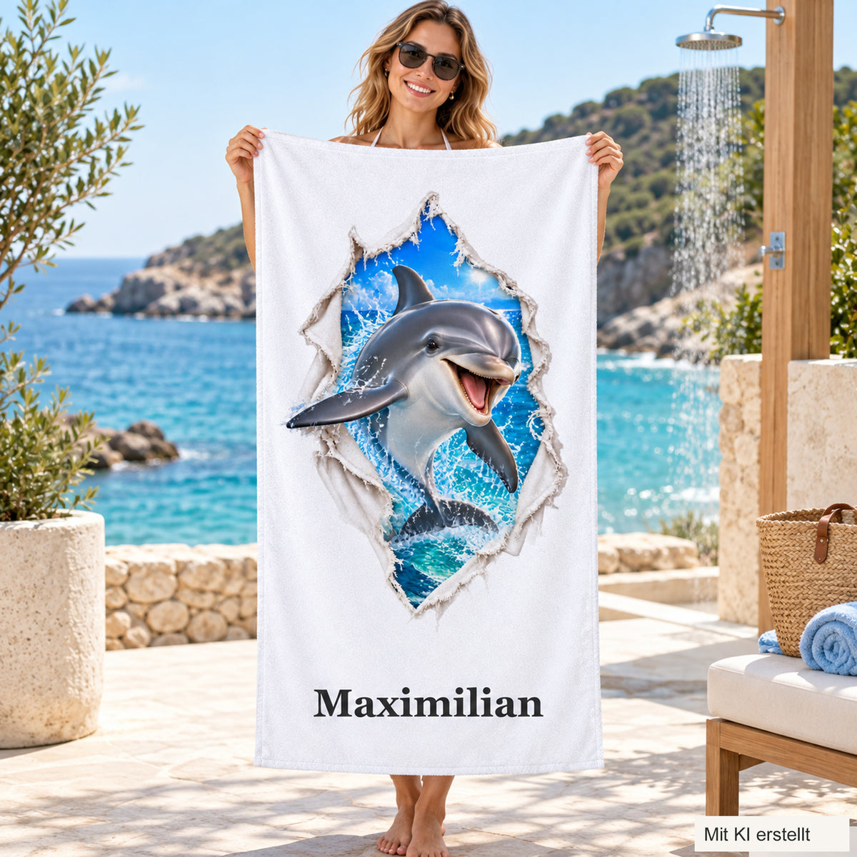 Eine Person hält ein weißes Handtuch mit einem Delfin im Stoffrissmotiv und Wunschname.