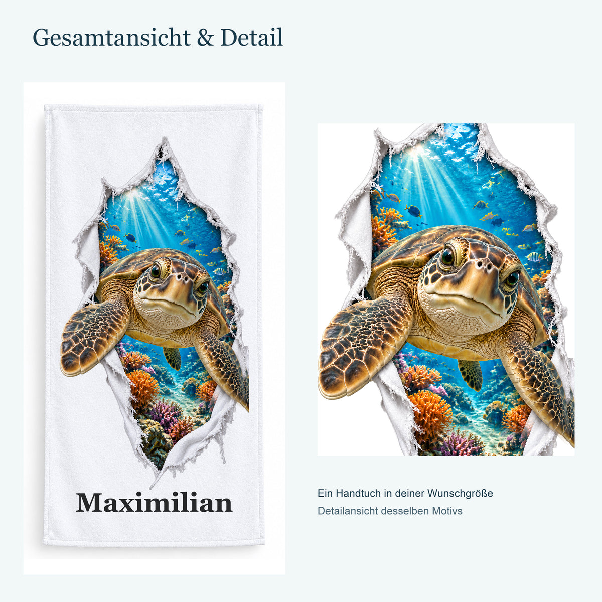 Ganzes Handtuch mit einer Meeresschildkröte und vergrößerter Detailansicht desselben Druckmotivs.