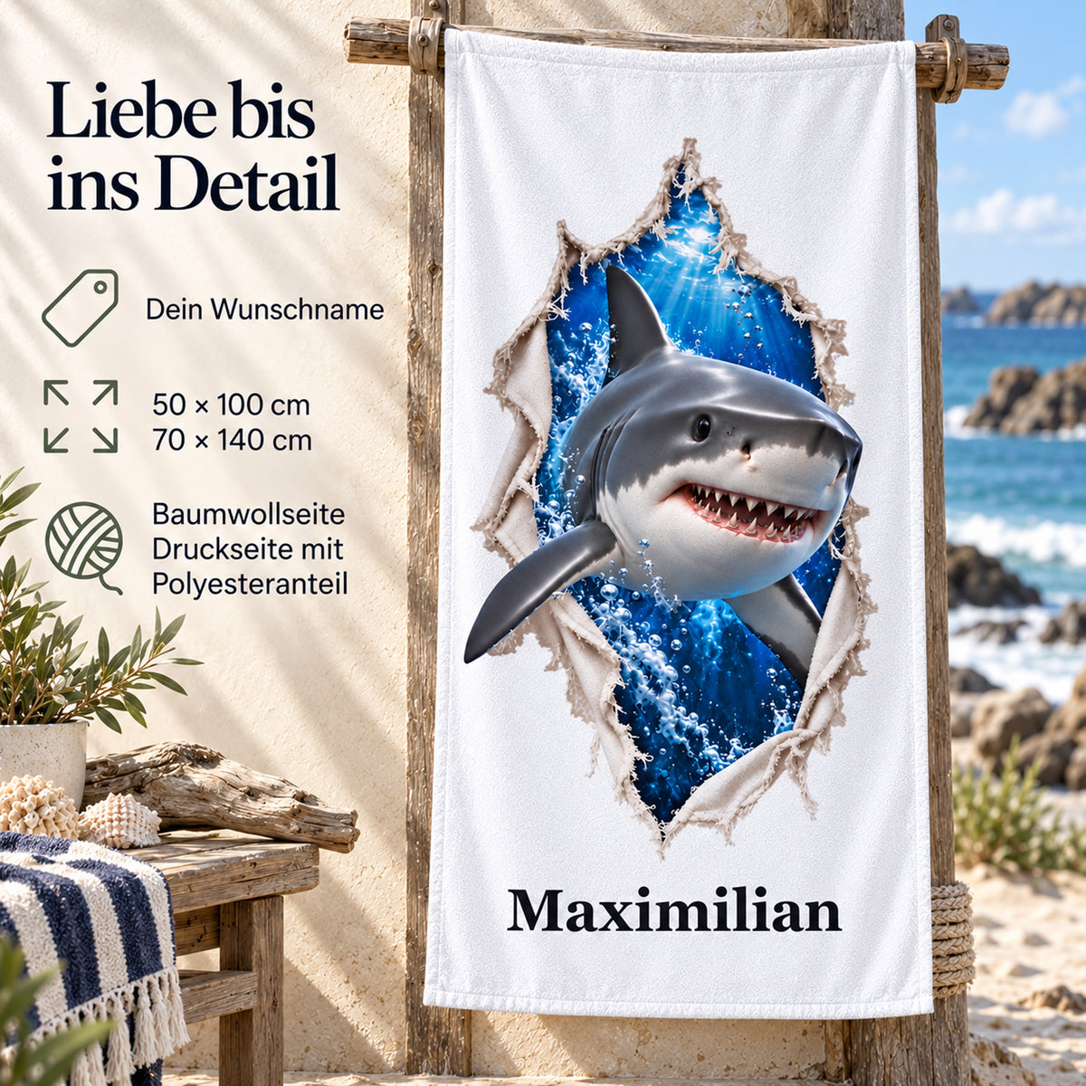 Handtuch mit einem Weißen Hai: Produktdetails zu Wunschname, beiden Größen und Material.