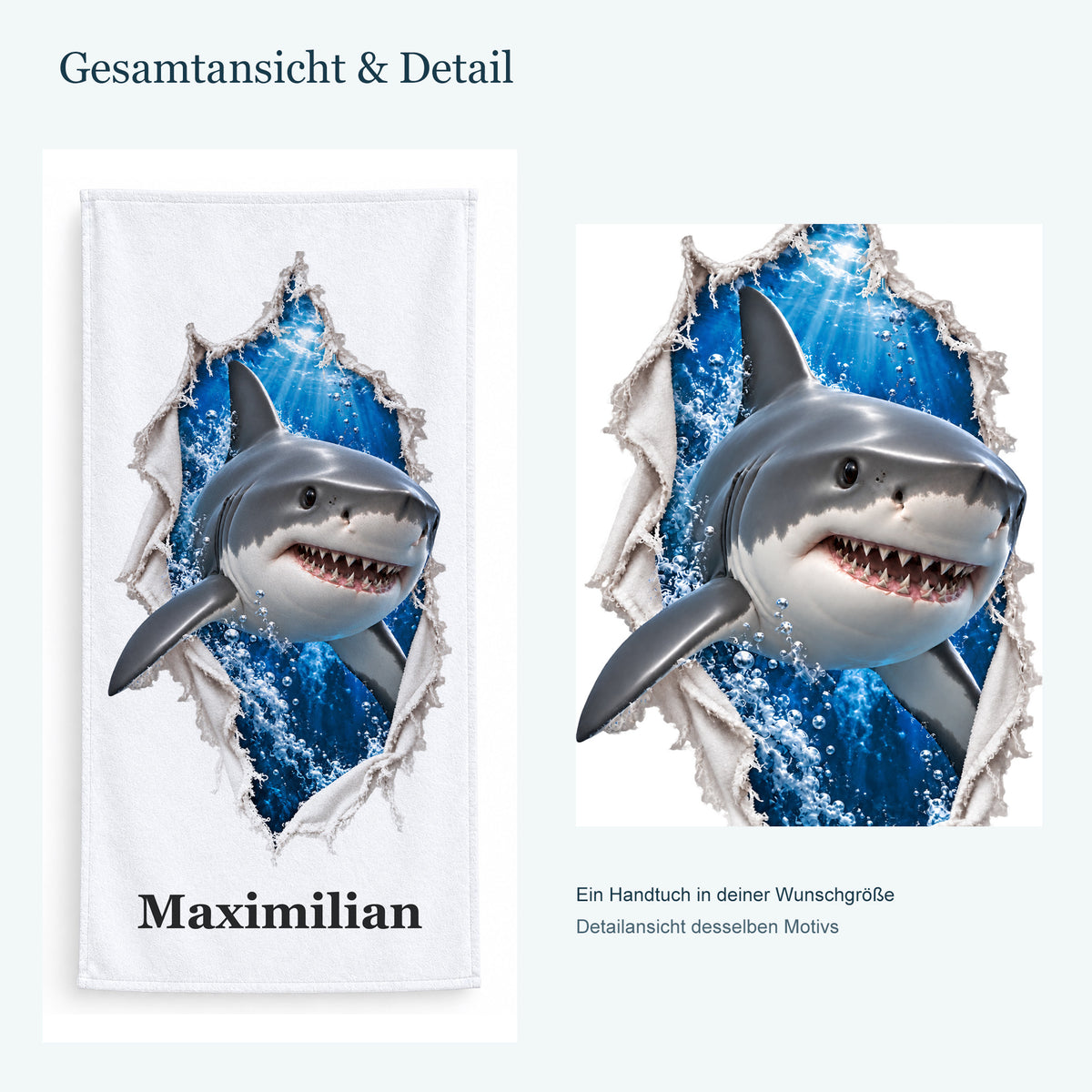 Ganzes Handtuch mit einem Weißen Hai und vergrößerter Detailansicht desselben Druckmotivs.