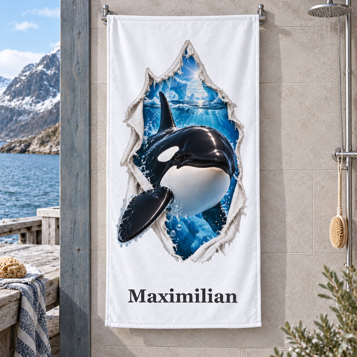 Handtuch mit einem Orca und Wunschname an einer Handtuchstange in maritimer Umgebung.