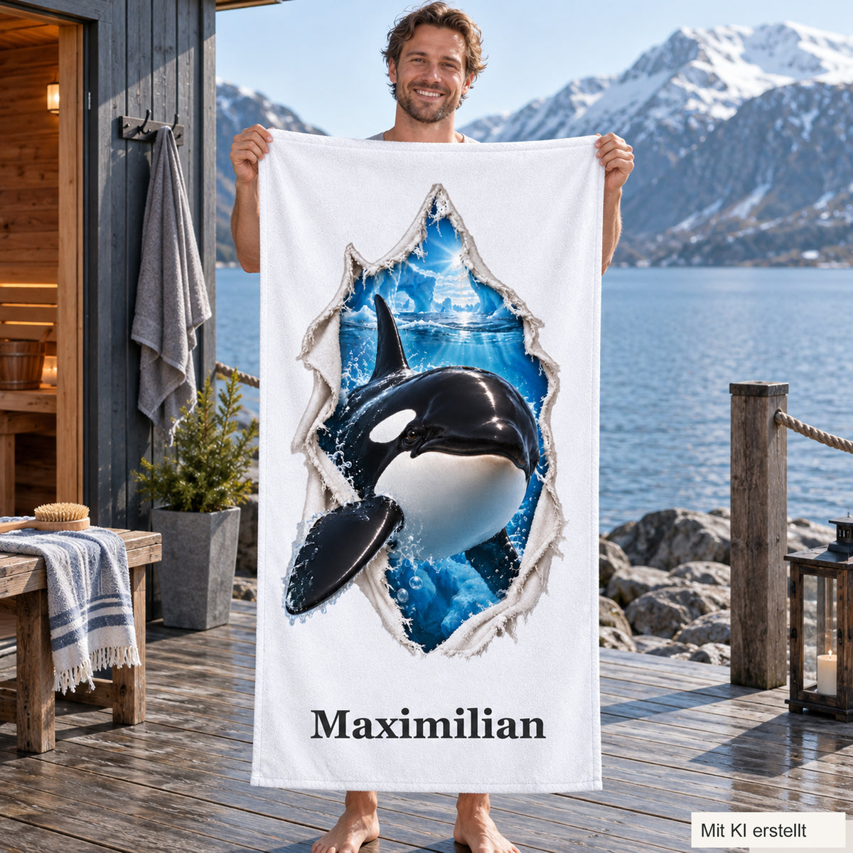 Eine Person hält ein weißes Handtuch mit einem Orca im Stoffrissmotiv und Wunschname.