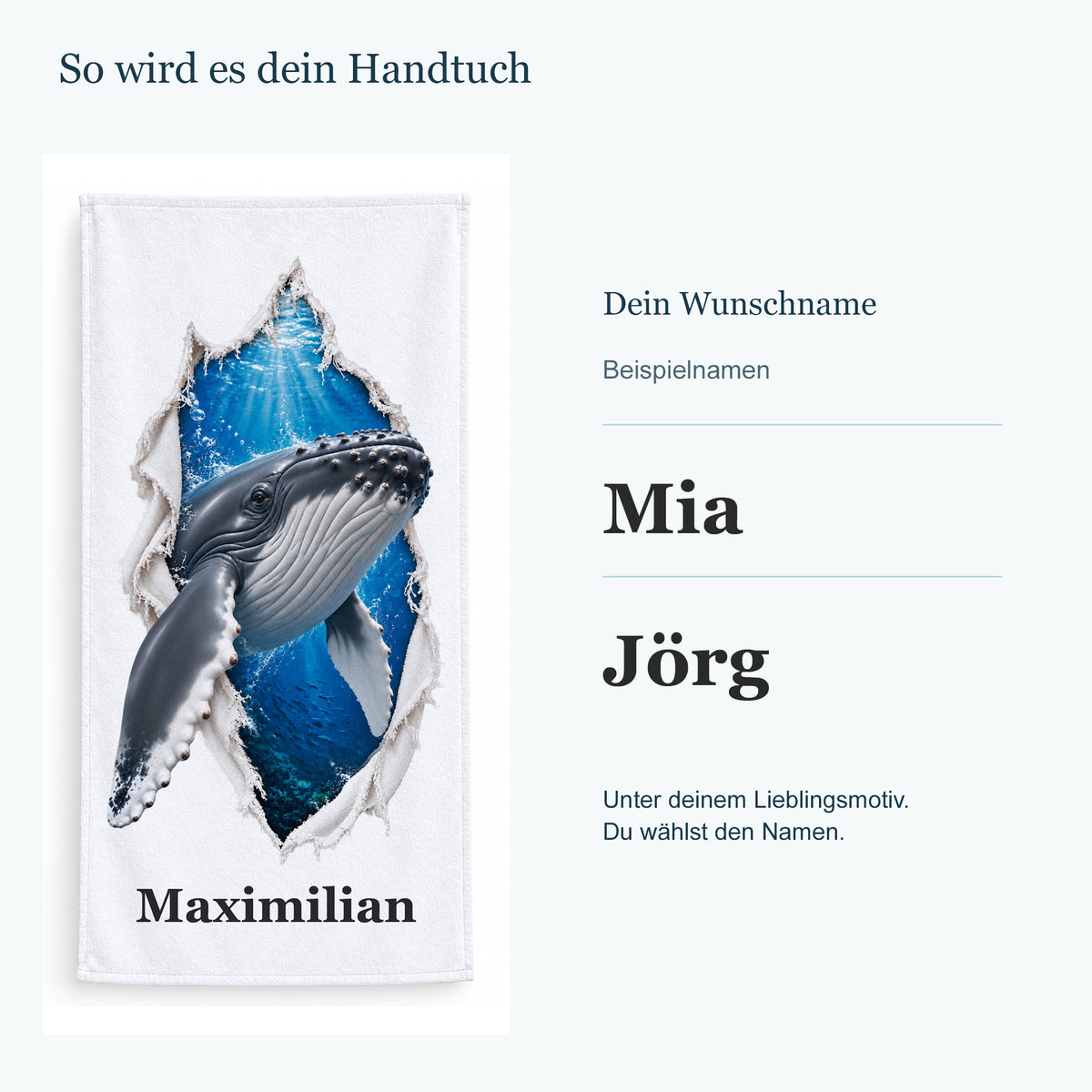 Handtuch mit einem Buckelwal neben getrennten Beispielnamen in kräftiger Serifenschrift.